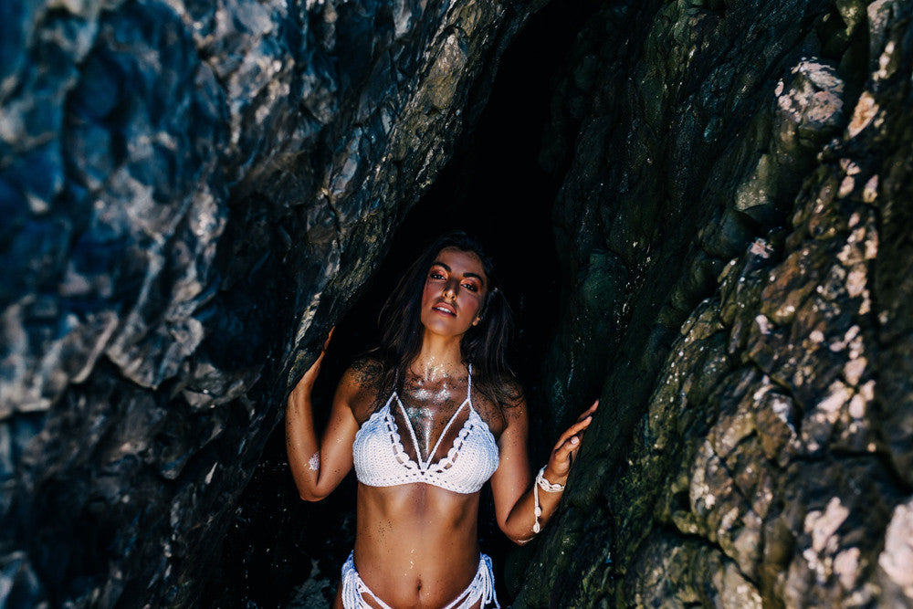 Bikini Beach shoot featuring GLO TATTS glow in the dark glitter and bindi