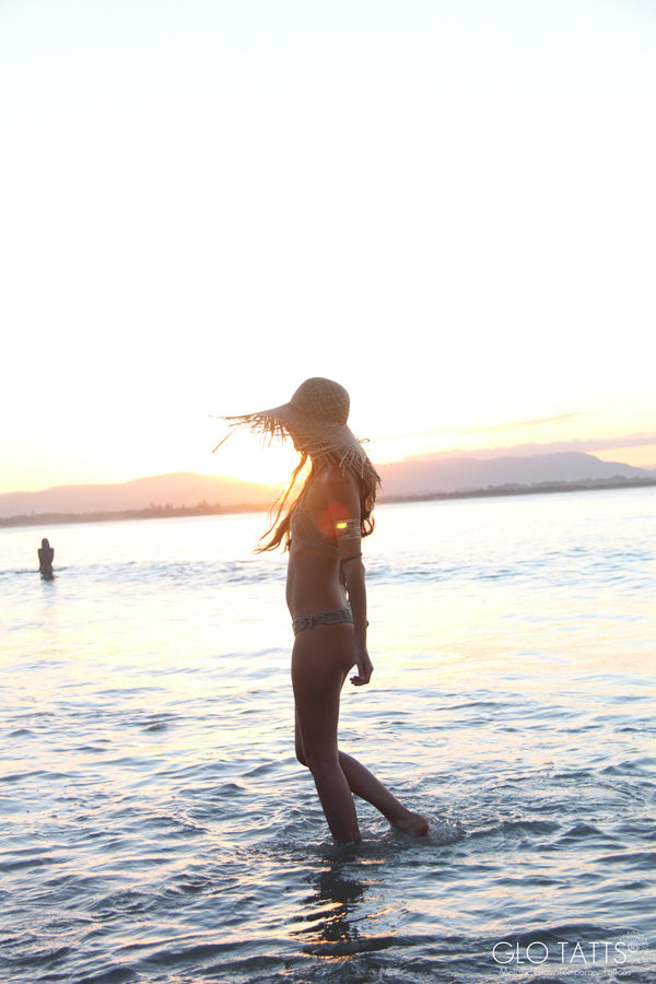 GLO TATTS flash tattoo lack of color crochet bikini hat sunset