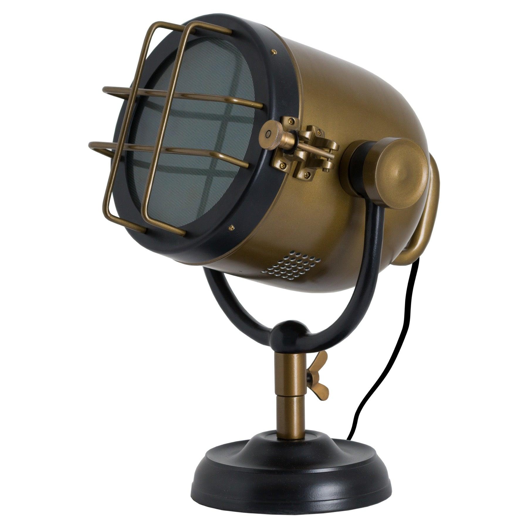 brass and black industrial spotlight table lamp