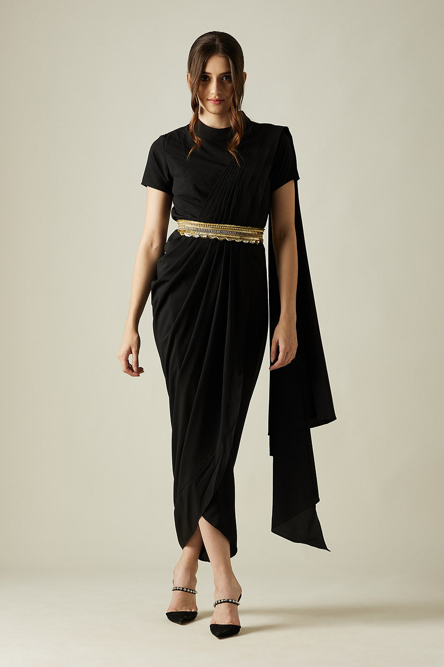 Shop Black Saree Dress With Molten Gold Belt by AAKAAR at House of ...