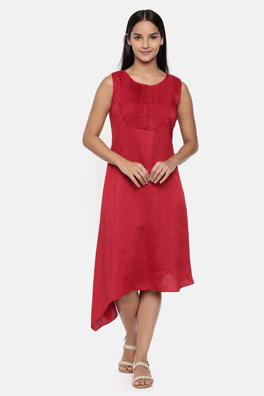 Shop Red Cotton Silk Pleated Dress by ASMI BY MAYANK MODI at House ...