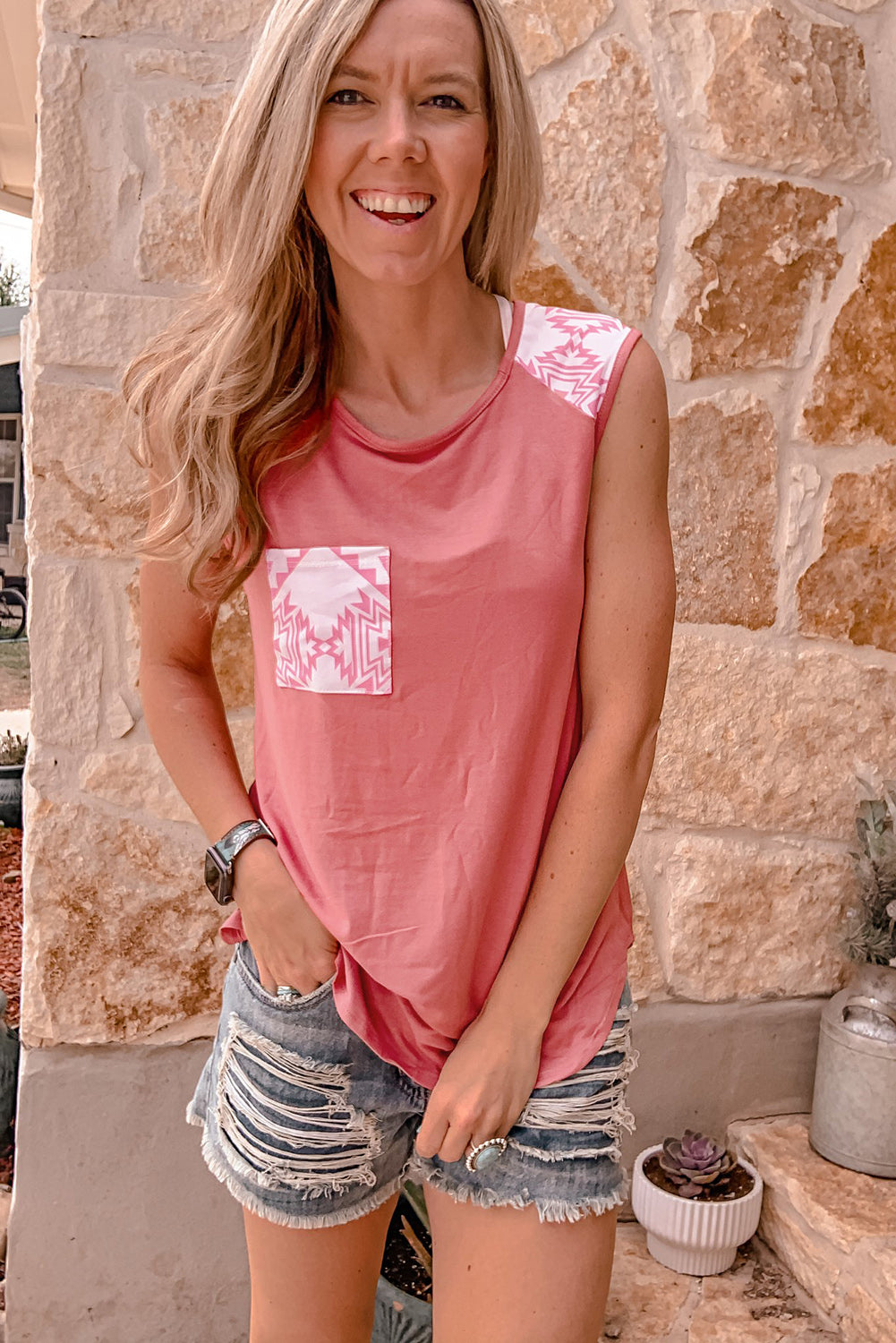 Wide Shoulder Tank with Aztec Pocket – The Strawberry Finch