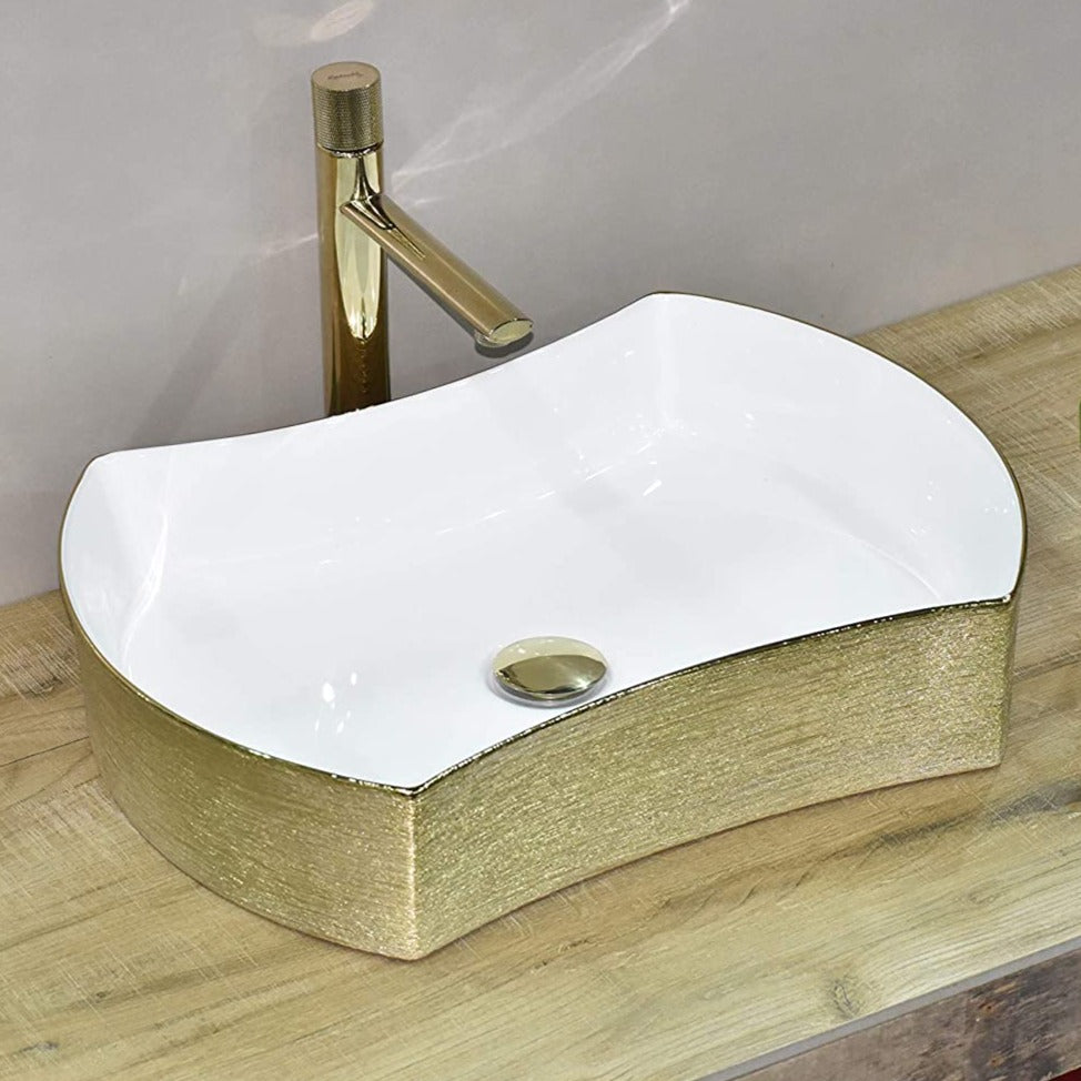 InArt Ceramic Counter or Table Top Wash Basin 53x38 CM Gold White ...