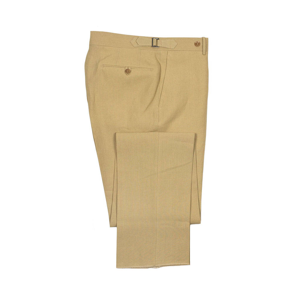 Higher-rise tan Irish linen trousers – No Man Walks Alone