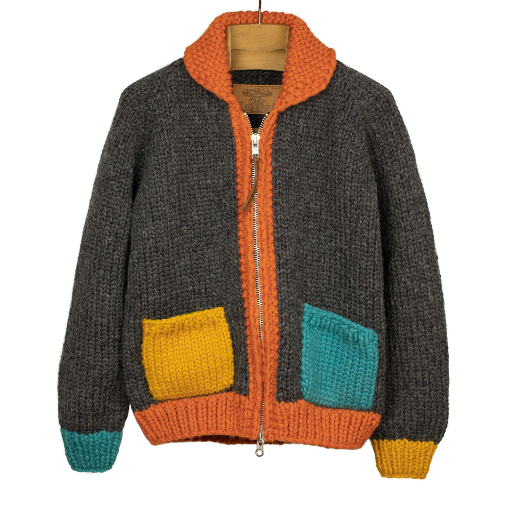 Kanata Exclusive hand-knit color-blocked cardigan in orange