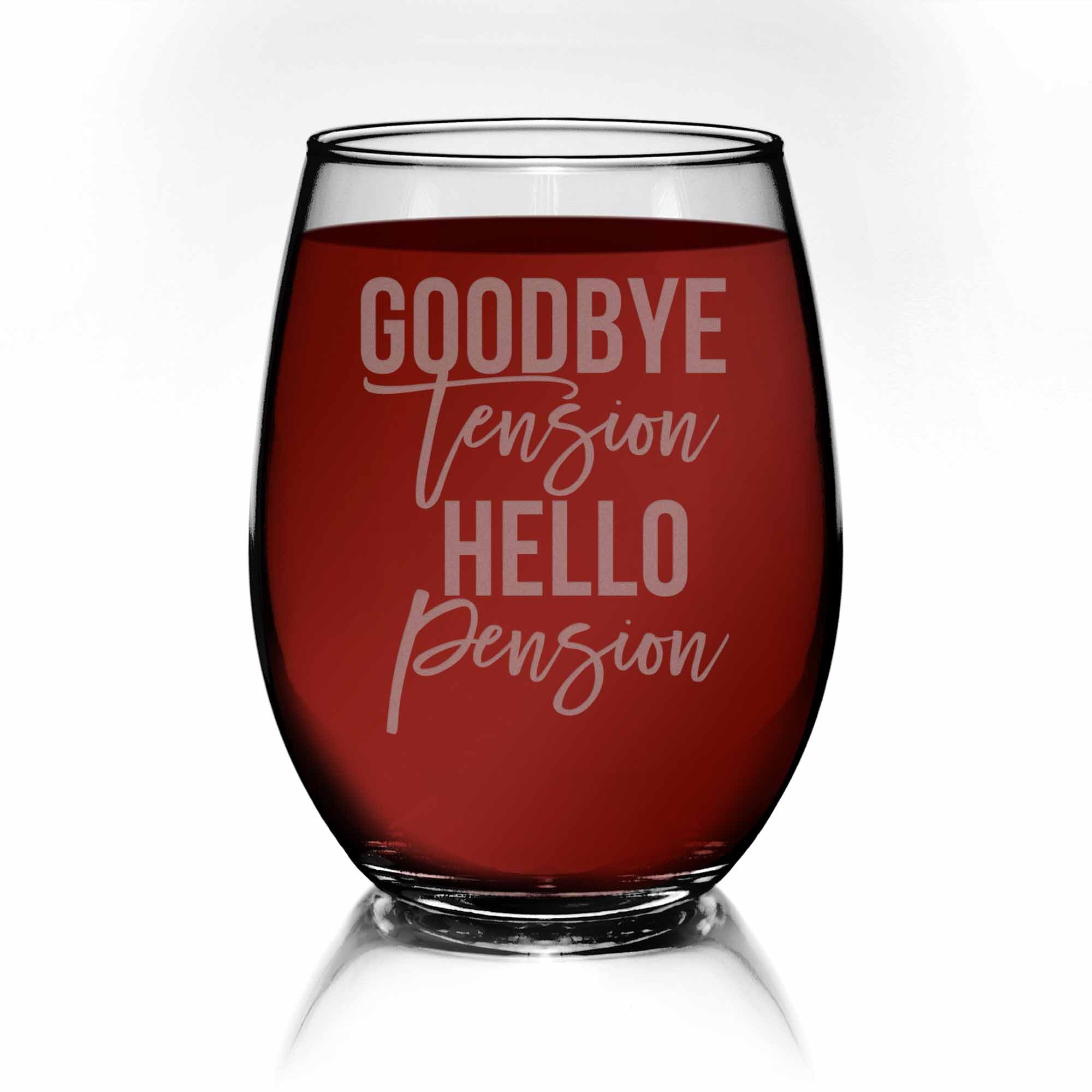 Personalised Glass Retirement Tankard Goodbye Tension Hello Pension in Silk Box 