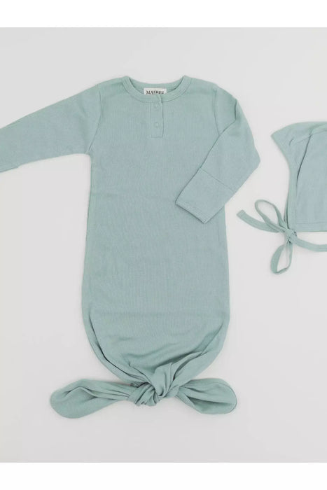 Ribbed Gown + Bonnet - Sea Grass
