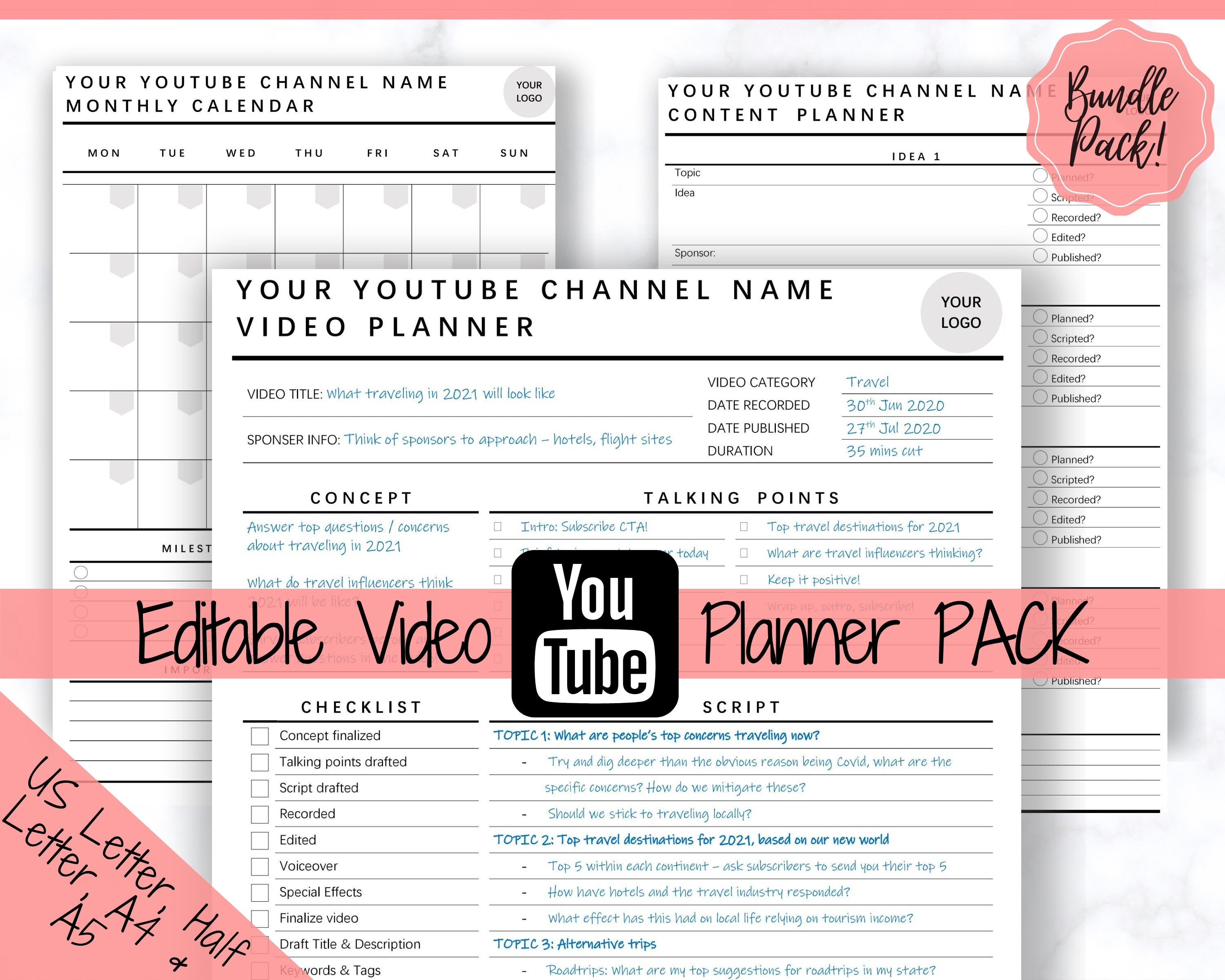 Youtube Planner Video Planner Templates for Content Creators