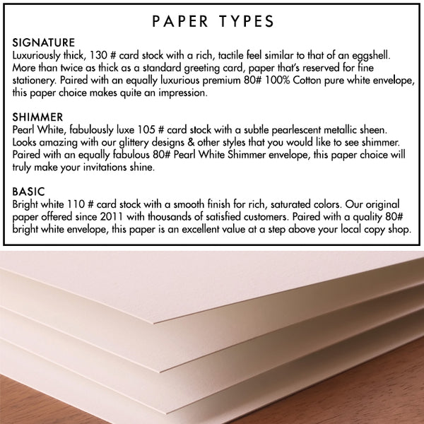 digibuddha offers three paper types: signature 130lb, shimmer 105lb, and basic 110lb