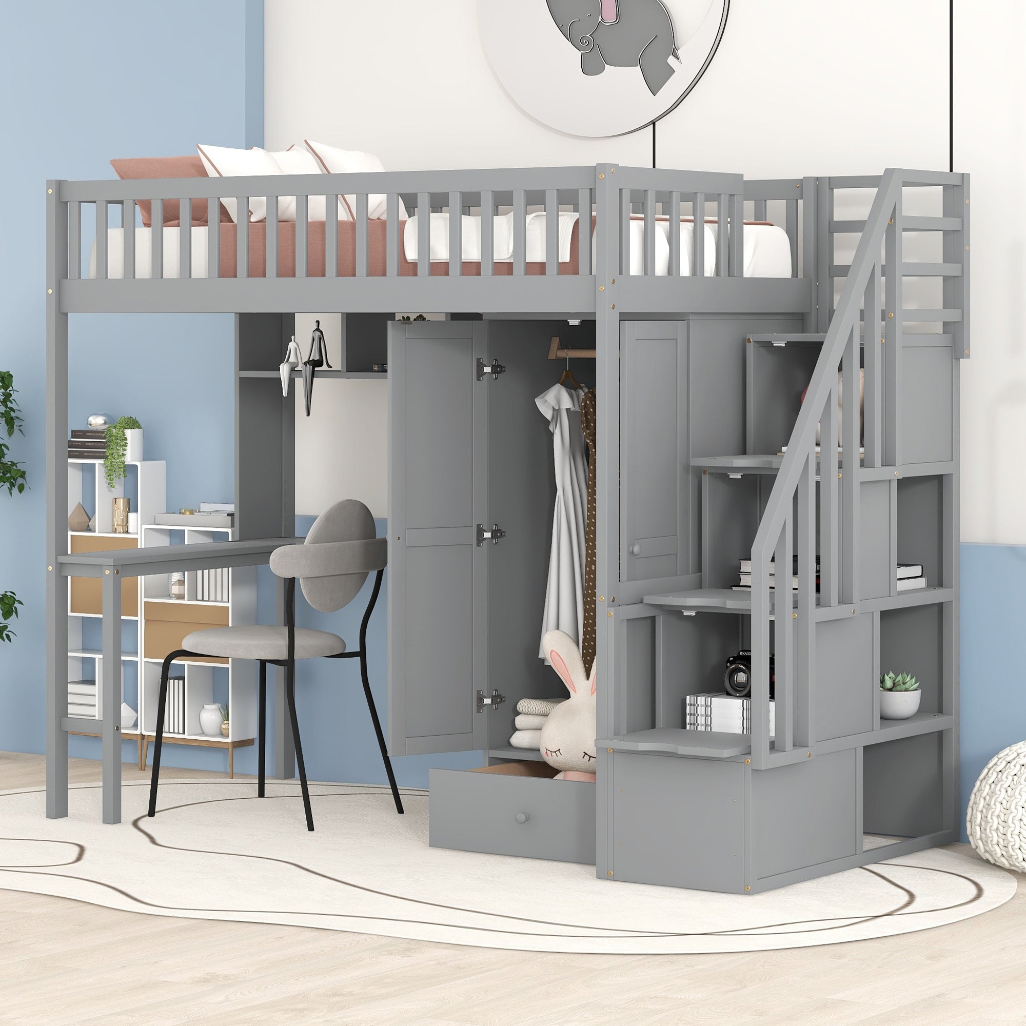 Kruiden Stijg aan de andere kant, Twin size Loft Bed with Bookshelf,Drawers,Desk,and Wardrobe-Gray