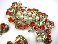 Rhinestone with Pearl Jewelry Set, Brooch with Earrings, 1950s, Vintage Jewelry