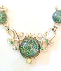 NOW SOLD Lucite Necklace, Green, Confetti, Rhinestone, 1950s Vintage Jewelry