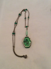 Reverse Carved Pendant, Green Czech Glass Necklace,1920s Art Nouveau Vintage Jewelry