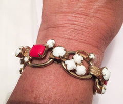 Juliana Bracelet, White Milk Glass, Red Art Glass, Vintage Jewelry