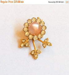 Pink Moonglow Pin or Brooch, Rhinestone Flower, Vintage Jewelry
