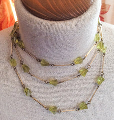 Green Glass Necklace Art Deco Inspired Flapper Beads Vintage Jewelry
