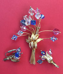 Crystal Jewelry Set, Flower Brooch with Earrings, Blue, Gold Tone, Art Deco Revival Vintage Jewelry