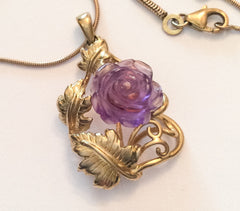 NOW SOLD Gold Amethyst Pendant, Carved Rose, 10K Gold Fine Jewelry