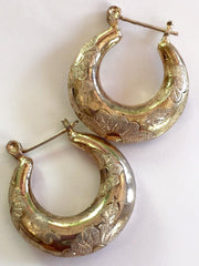 NOW SOLD Engraved Hoop Earrings, Vermeil, Sterling Silver, Vintage Jewelry