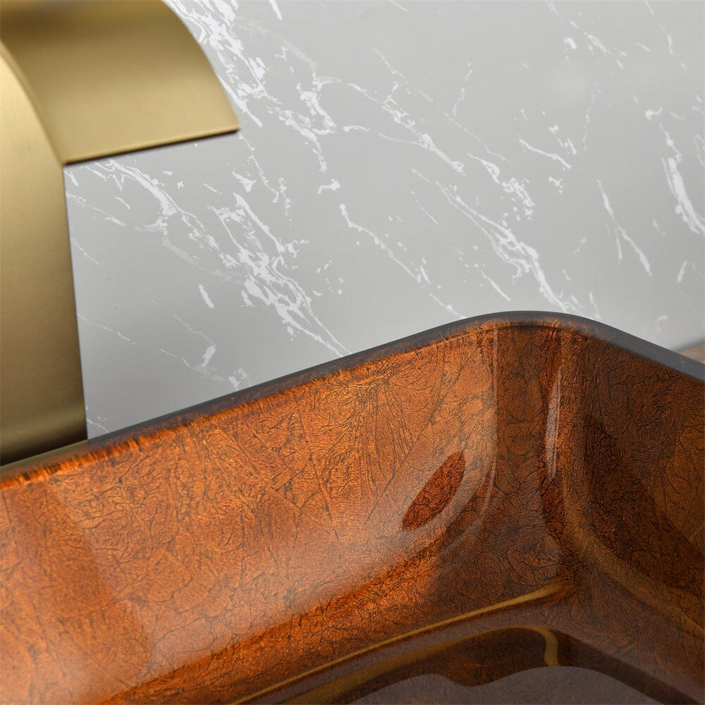 Giving Tree 18.125" L -13.0" W -4.125" H Handmade Countertop Glass Rectangular Vessel Bathroom Sink Fusion Finish Set in Rich Chocolate Brown Finish with gold Faucet and gold Pop Up Drain