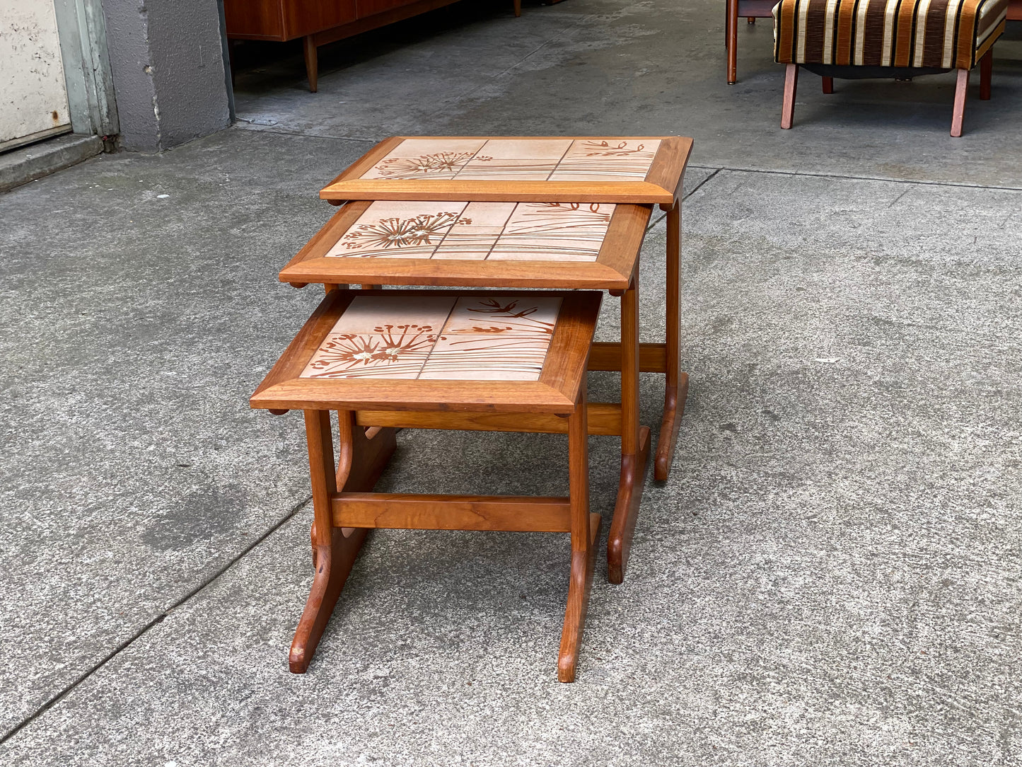B1969 retro Danish Trestle nest of 3 tiled top tables
