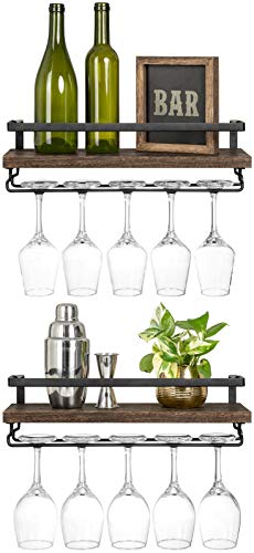 x2 Wall Mounted Bottle Shelves with Stemware Hanger, 17 Inch