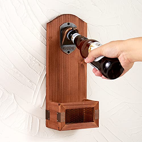 Wooden Bottle Opener with Cap Collector Catcher