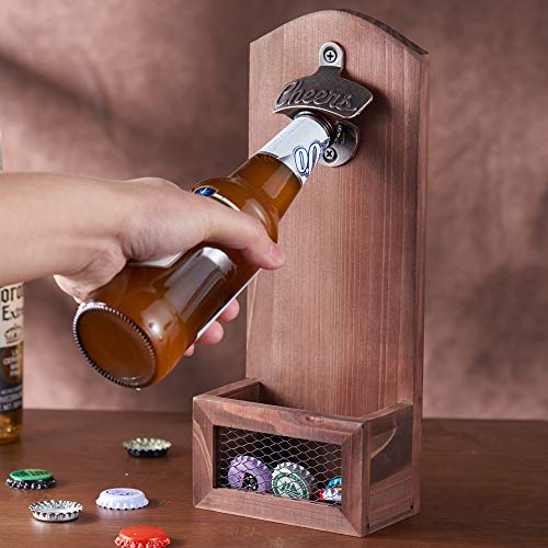 Wooden Bottle Opener with Cap Collector Catcher