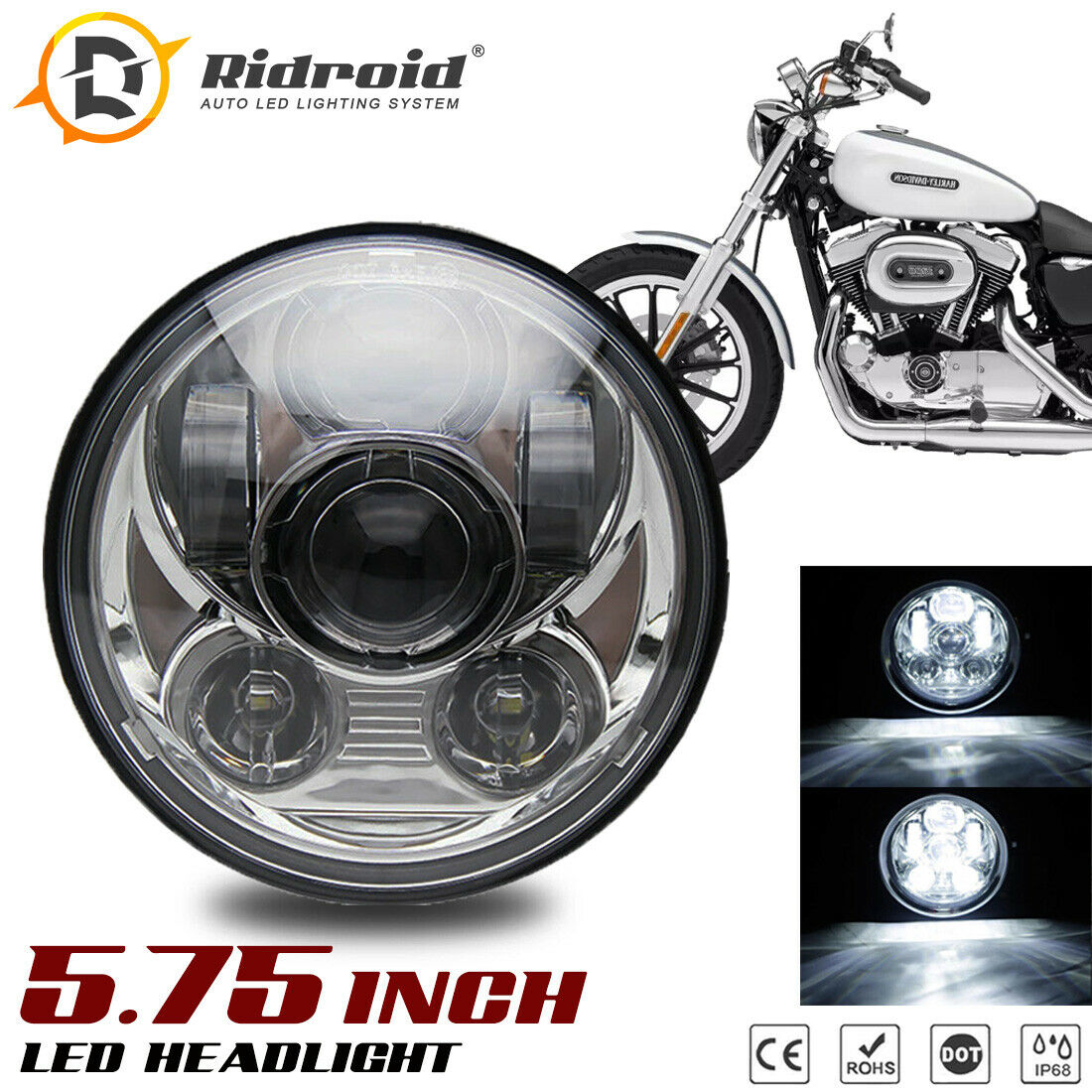 Chrome 5-3/4" 5.75" LED Projector Headlight Motor DRL for Harley Davidson Dyna