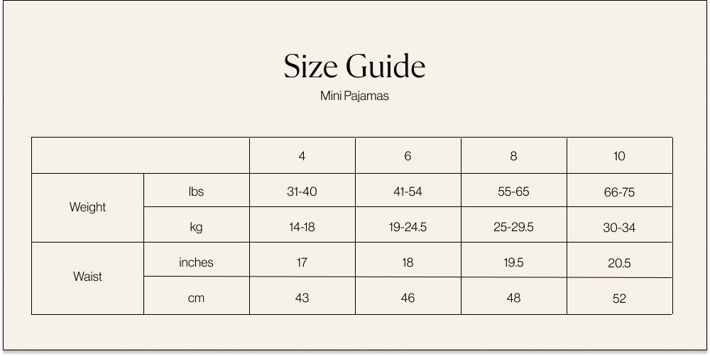 a size guide for children's pajamas
