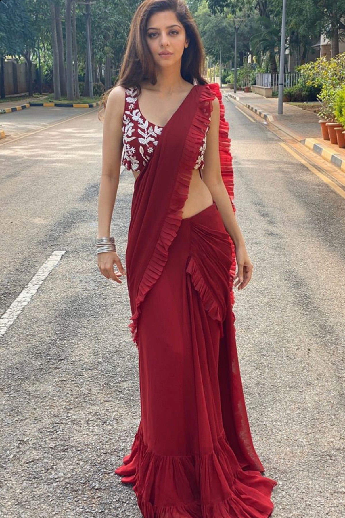 Actress Vedhika In Our Maroon Pre-draped Saree – FAREWELL PARTY SAREE LOOK