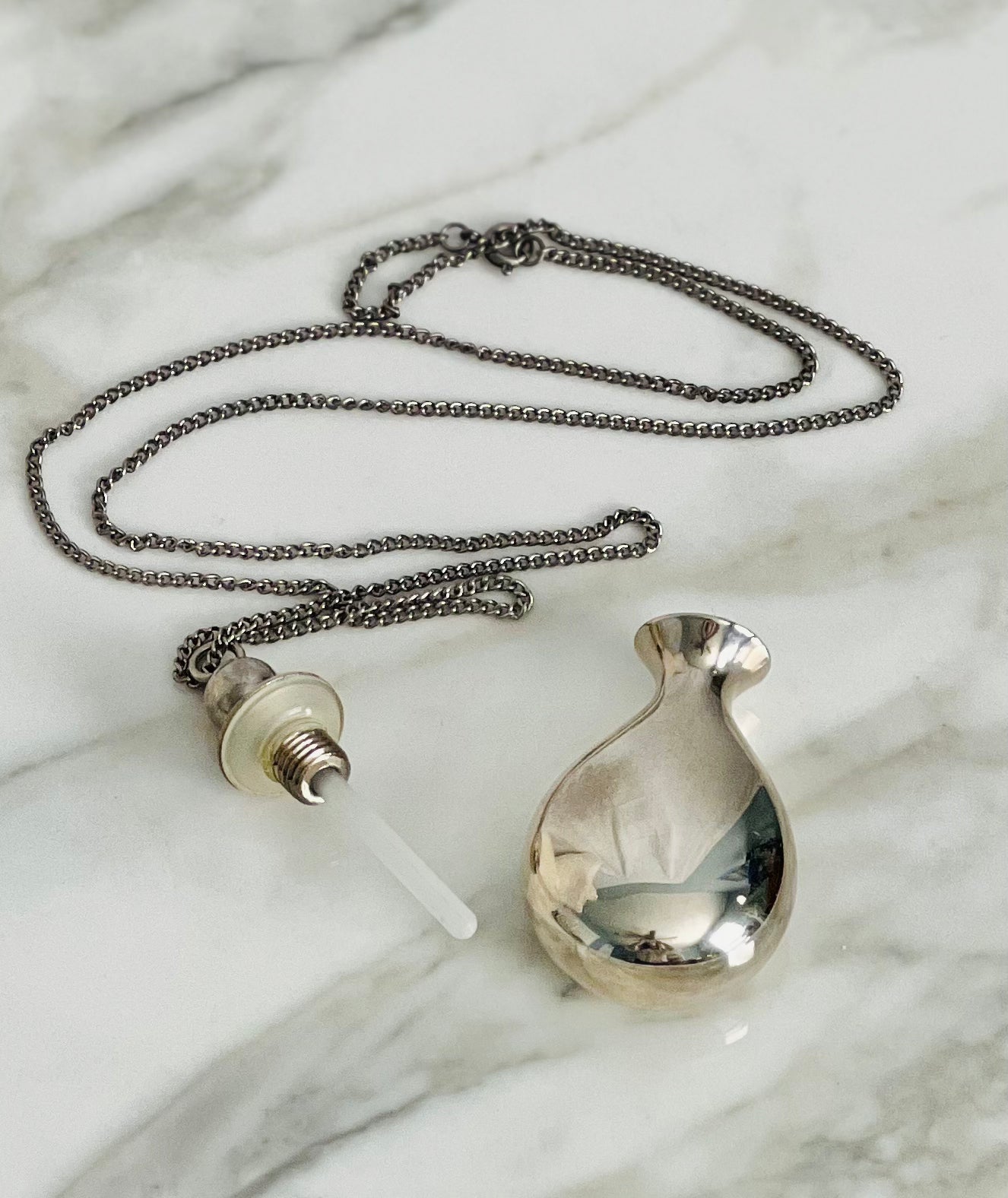Vintage Silver Hourglass Shaped Perfume Bottle Necklace