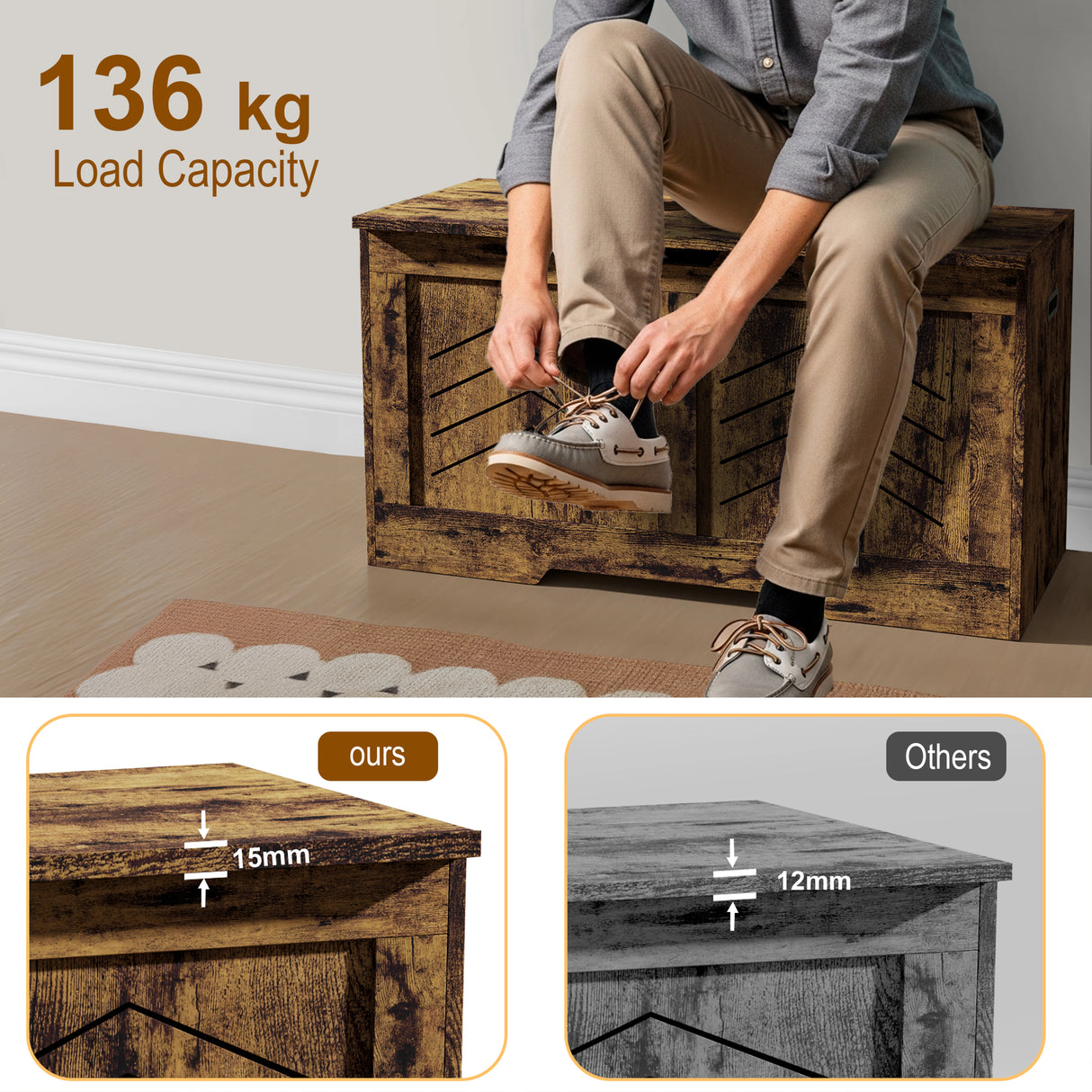 Toy Box - Kids Storage Chest Blanket Box with Safety Hinges | DHS supports 136kg load, ideal for seating and toy storage with thick 15mm wood panels.