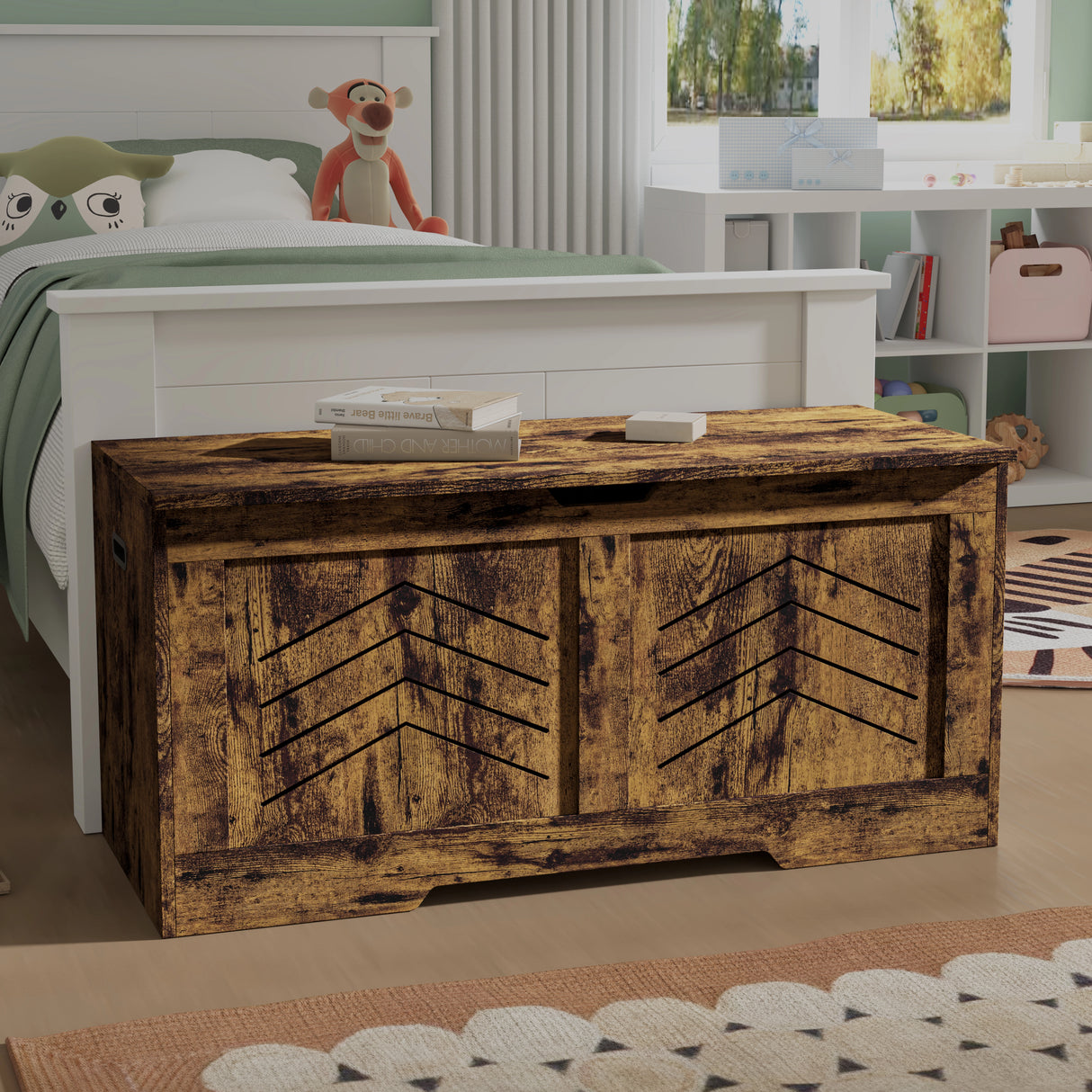 Toy Box - Kids Storage Chest Blanket Box with Safety Hinges in rustic wood finish placed in a child's bedroom near a white bed and toys.