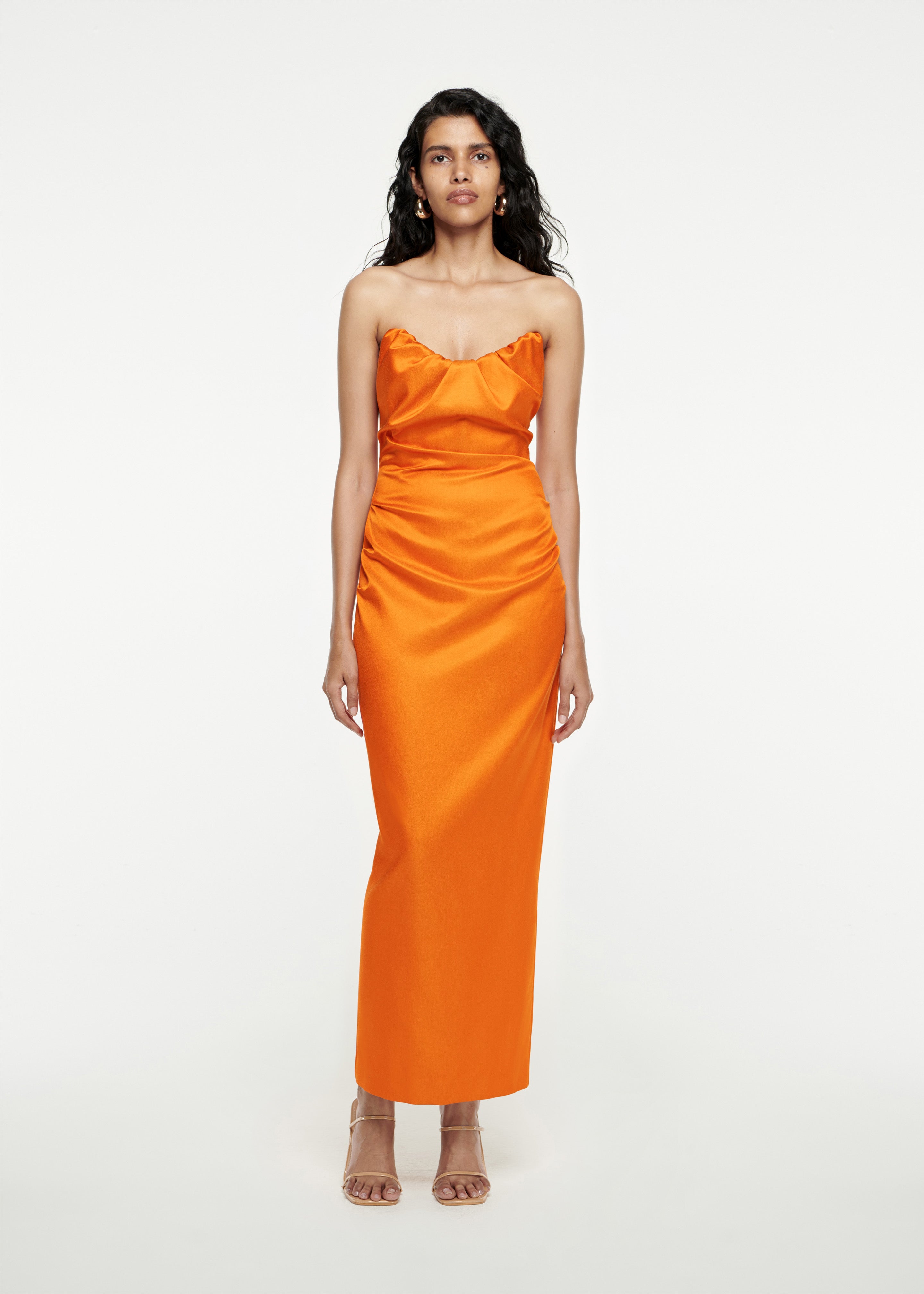 Kyra Maxi Dress Satin Orange Backless Strapless Semi Formal