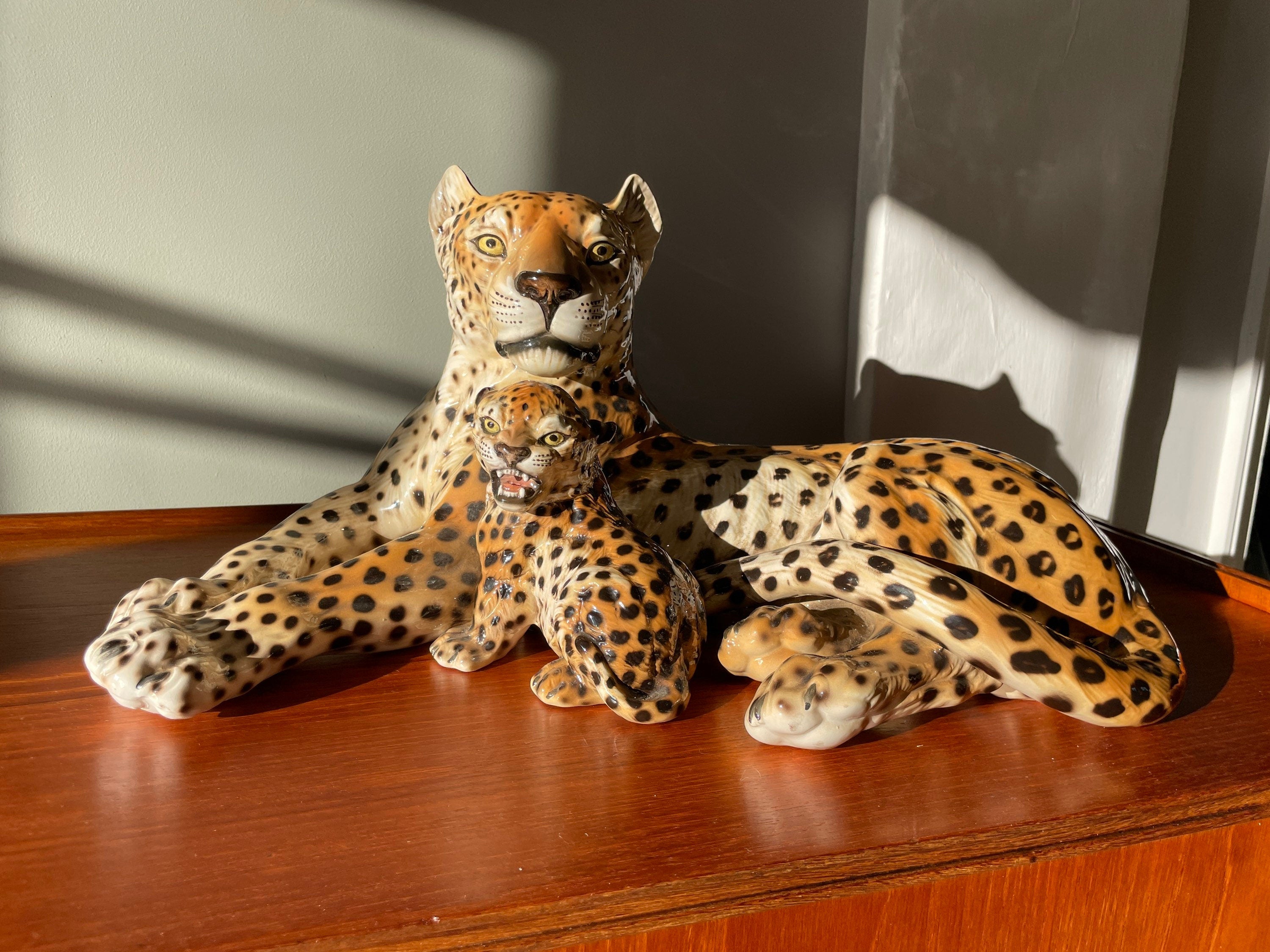 Reserved for Becky *** Italian Mid Century Modern Hollywood Regency  Porcelain/Ceramic Leopard And Cub Statue / Art Piece 1960’s by Giovanni  Ronzan