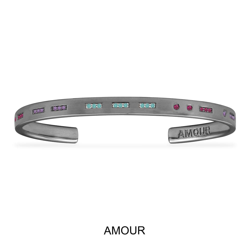 AMOUR Morse Code Cuff with Colorful Stones - Dark Grey Silver