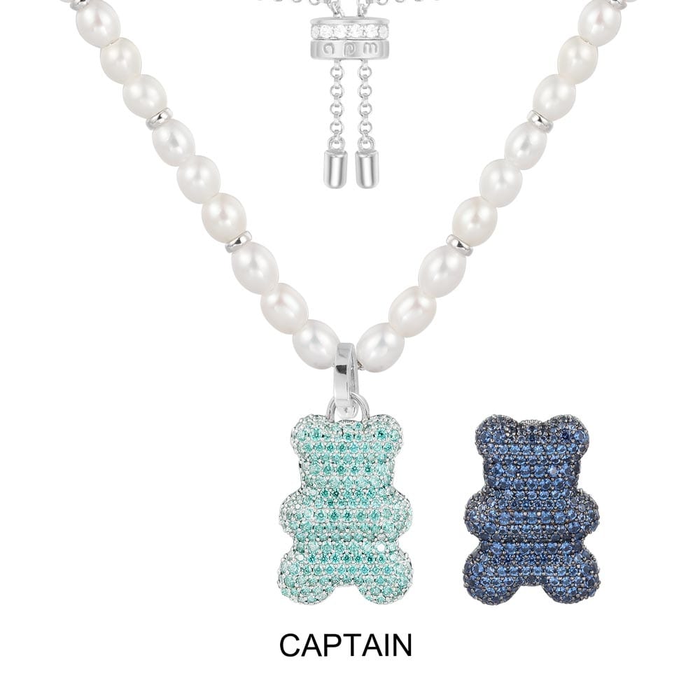 Captain Yummy Bear (CLIPPABLE) Adjustable Necklace with Pearls - silver