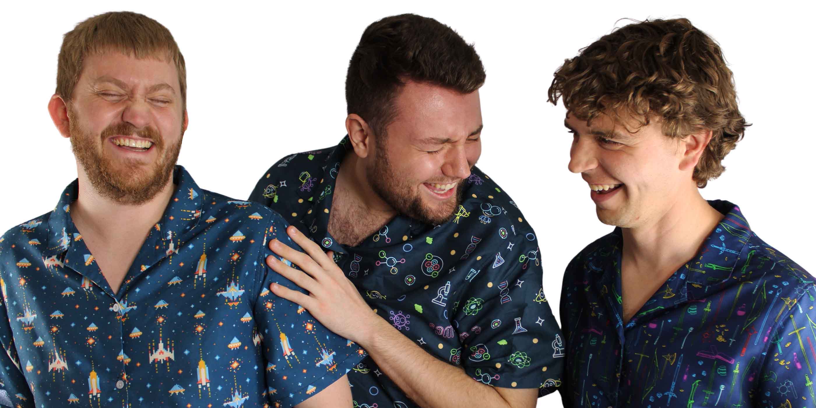 three men are laughing while wearing their geeky button up shirts hawaiian style printed unisex cool novelty shirts. Space Retro Arcade game shirt science button up and dnd hawaiian shirt