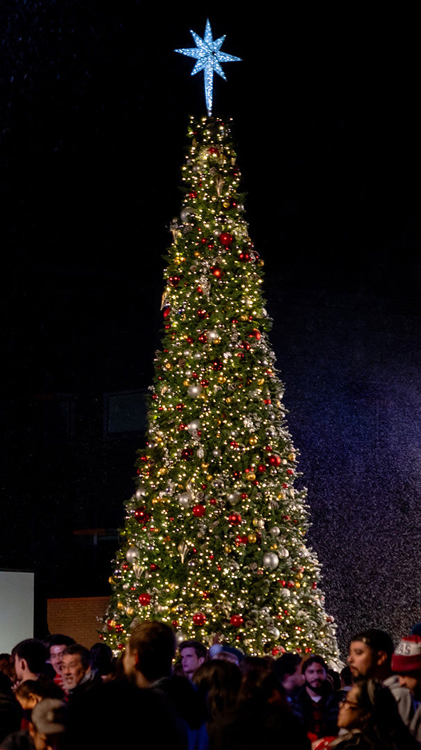 A brightly lit Christmas tree with ornaments and lights is the centerpiece of a winter wonderland scene.