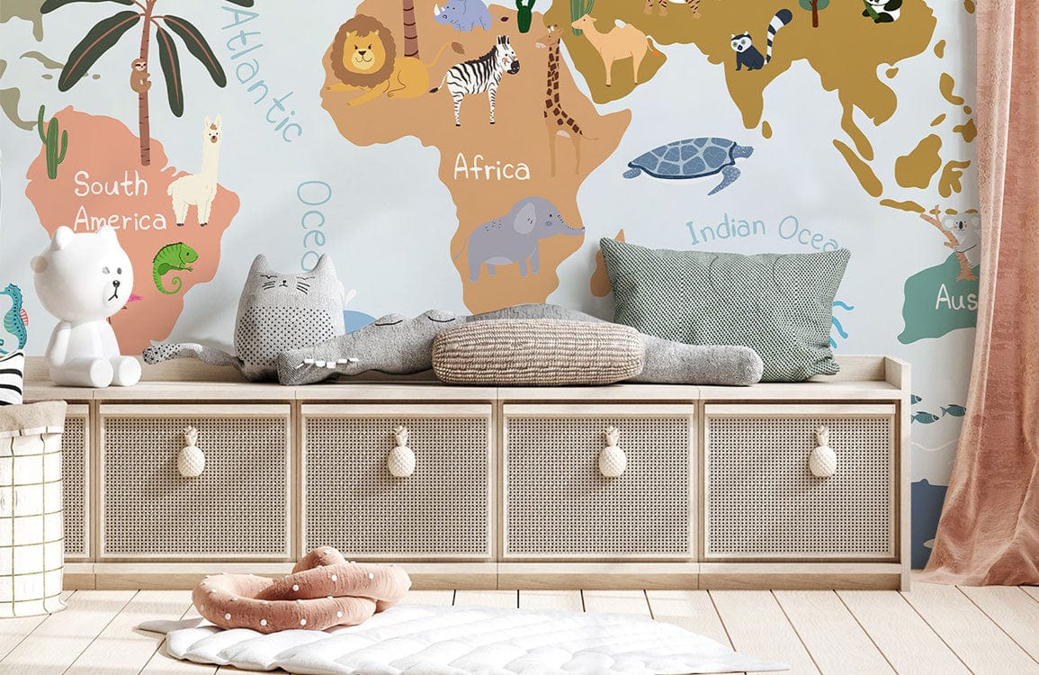 Blue Animal Map Kids Room Wallpaper Mural | Ever Wallpaper UK