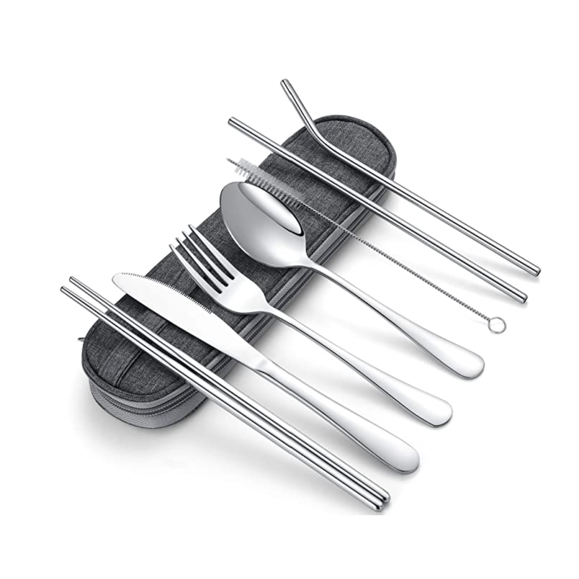 8PCS/Set Stainless Steel Cutlery Fork Spoon Straw Travel Picnic School Tableware 