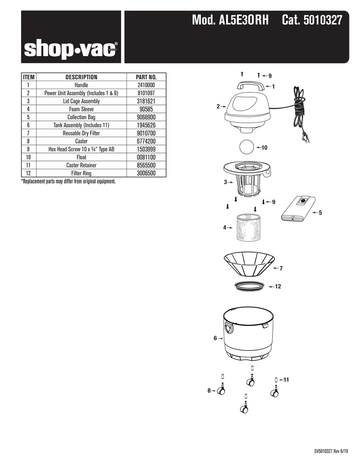 ShopVac Parts List for AL5E30RH Models 3 Gallon* 5.0 Peak H