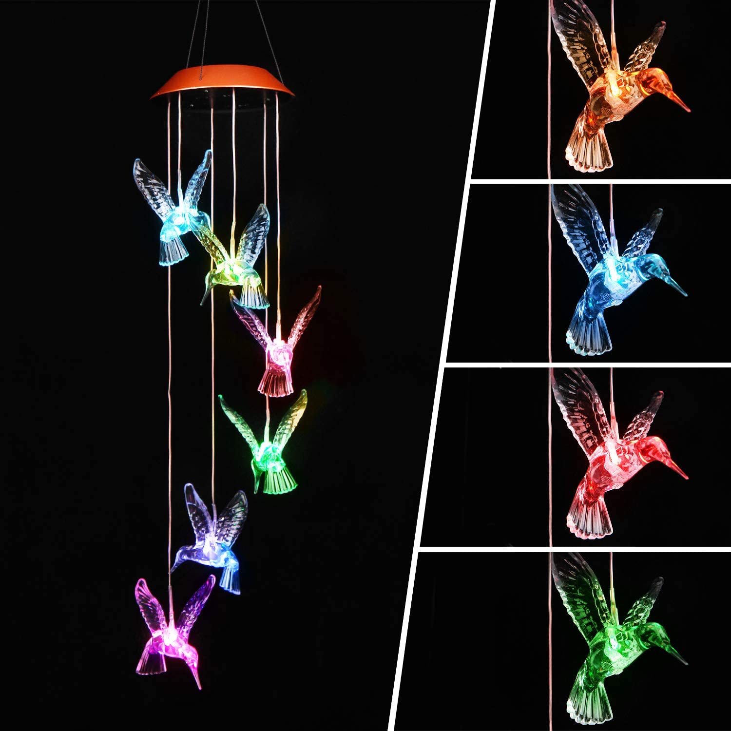 Solar Powered LED Wind Chimes Light Color Changing Hummingbird Garden Yard Decor