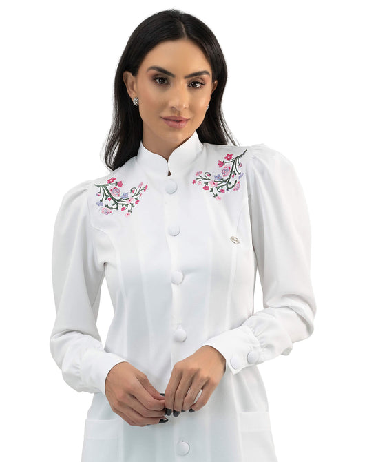 Jaleco Feminino Flora Branco Com Bordado