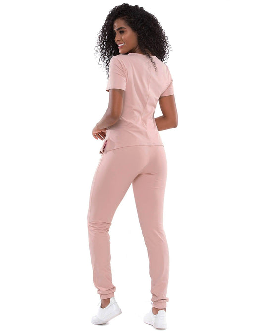 Scrub Lily Soft Nude com Rosa - jalecos-mania Feminino, Jalecos Mania, Malha Tecnológica, Pijama Cirúrgico, Rosa, Scrubs