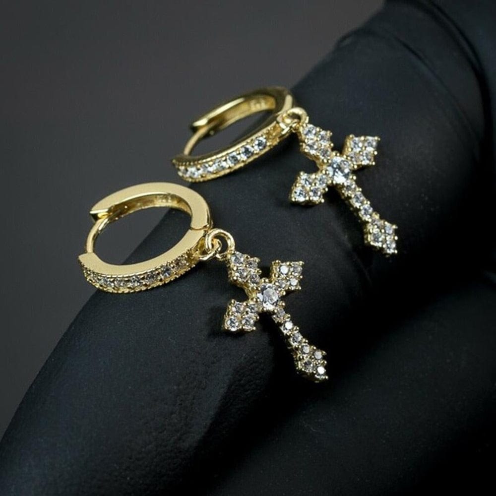 Punk Gold Color Cross Stud Earrings Hip Hop White Litter Rhimestone Jewelry Piercing Studs For Women Or Men Ear Accessories 0 Custom Items (Projection Jewels) gold
