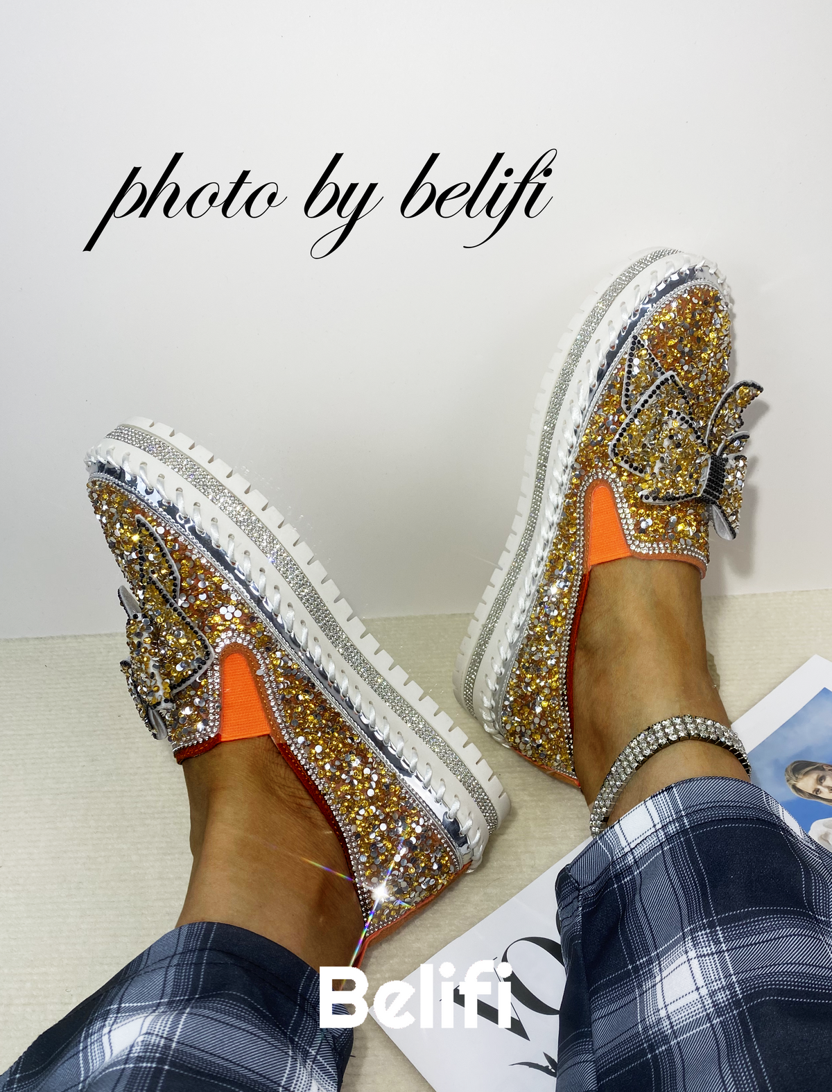 Shining Rhinestone Slip-on Thick Botton Casual Ladies Crystal Shoes