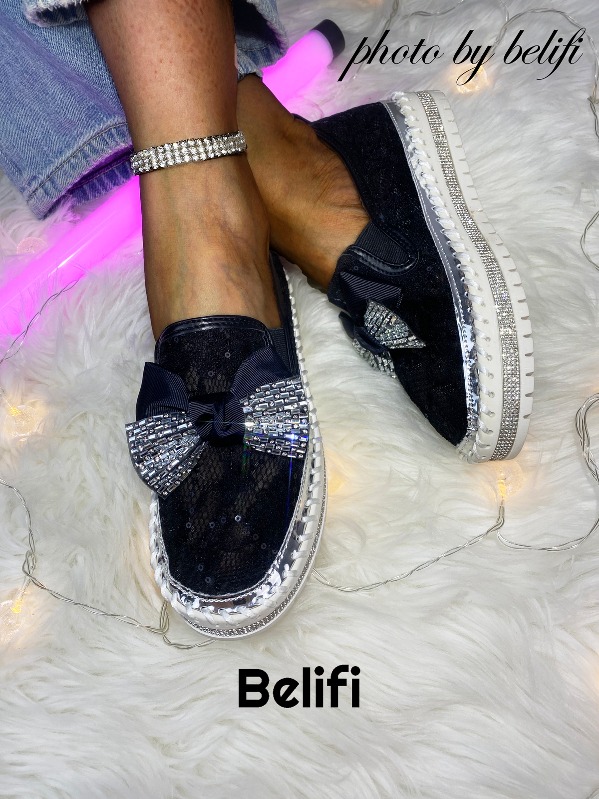 Belifi Dazzling Bow: Rhinestone-Adorned Translucent Slip-On Shoes