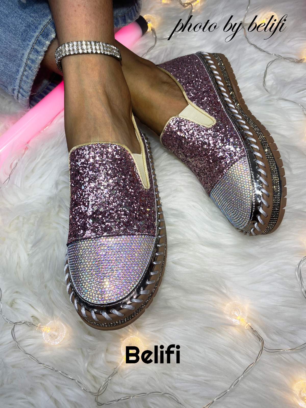 Belifi Starlight Stroll: Full Rhinestone Embellished Slip-On Shoes